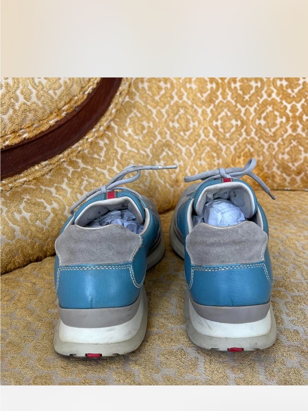 Prada Teal & Gray Leather Lace-Up Sneakers with Red Tongue Stripe - Picture 3 of 8